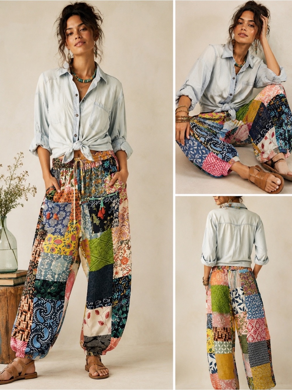 Sz M Patchwork Harem Pants Joggers Boho